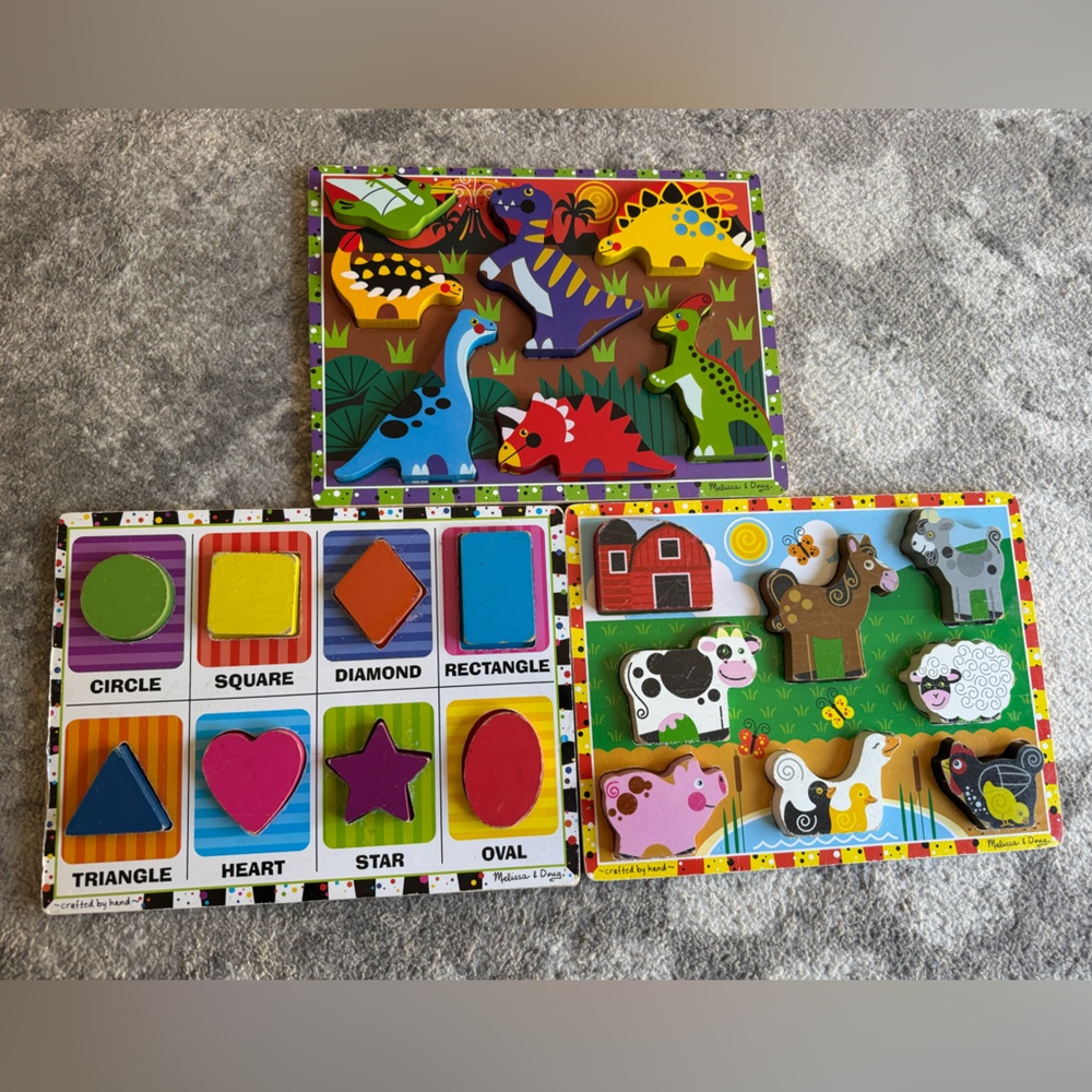 3 Melissa & Doug chunky wood puzzles: shapes, dinosaurs and farm animals